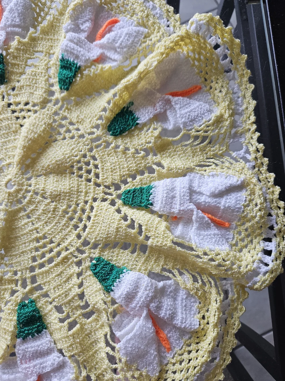 Yellow Crochet Floral Doily with White & Green Accents